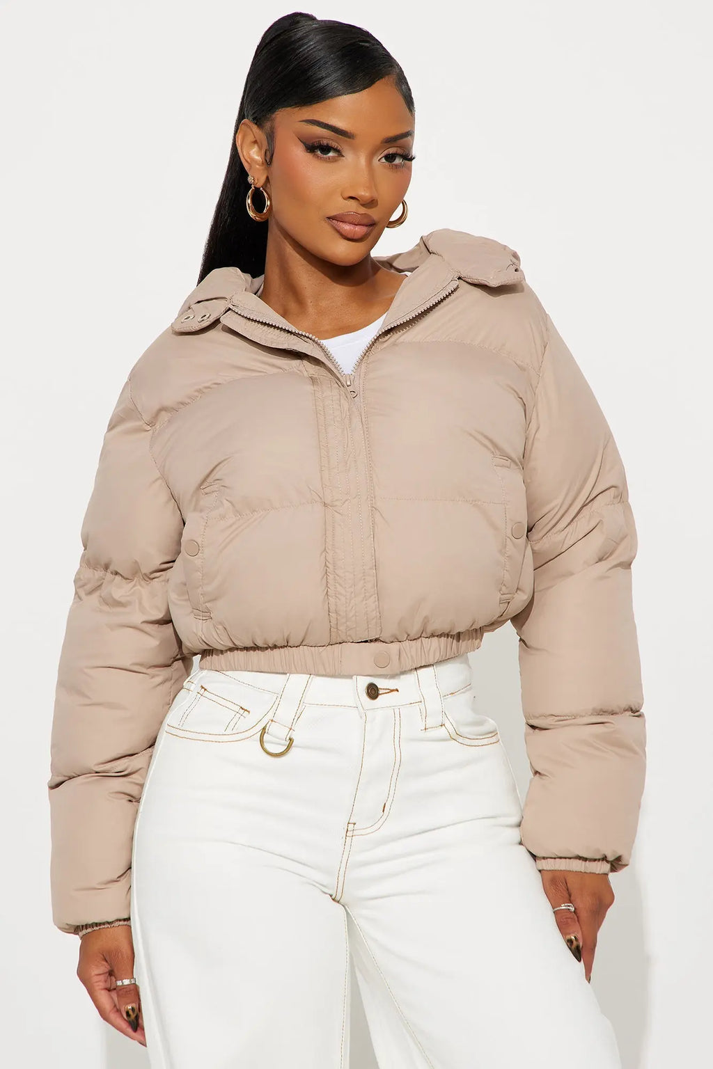 Dakota Cropped Hooded Puffer Jacket - Taupe 