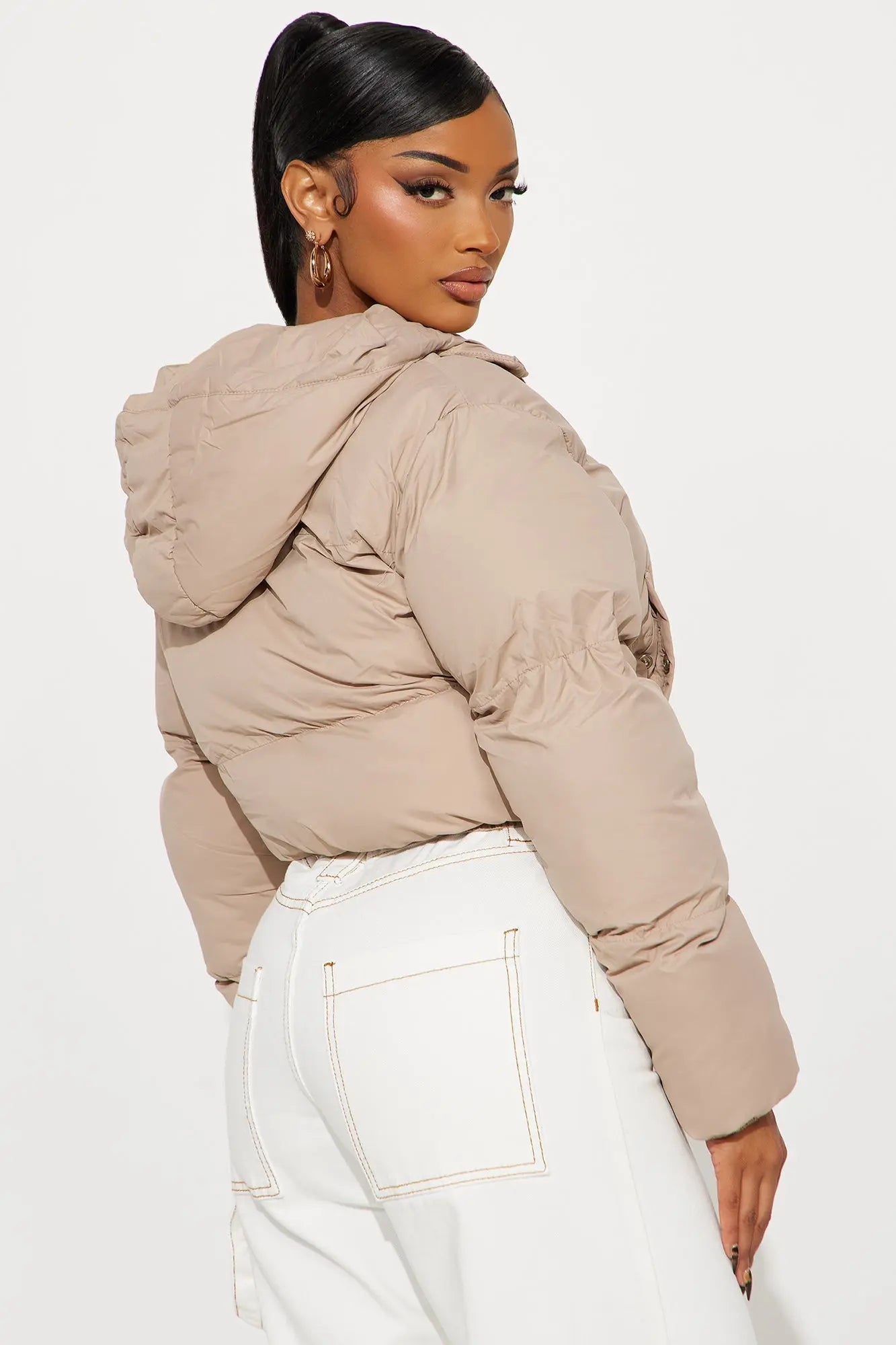 Dakota Cropped Hooded Puffer Jacket - Taupe 