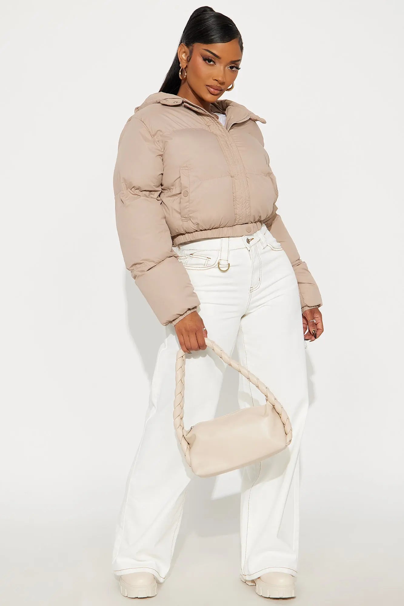 Dakota Cropped Hooded Puffer Jacket - Taupe 