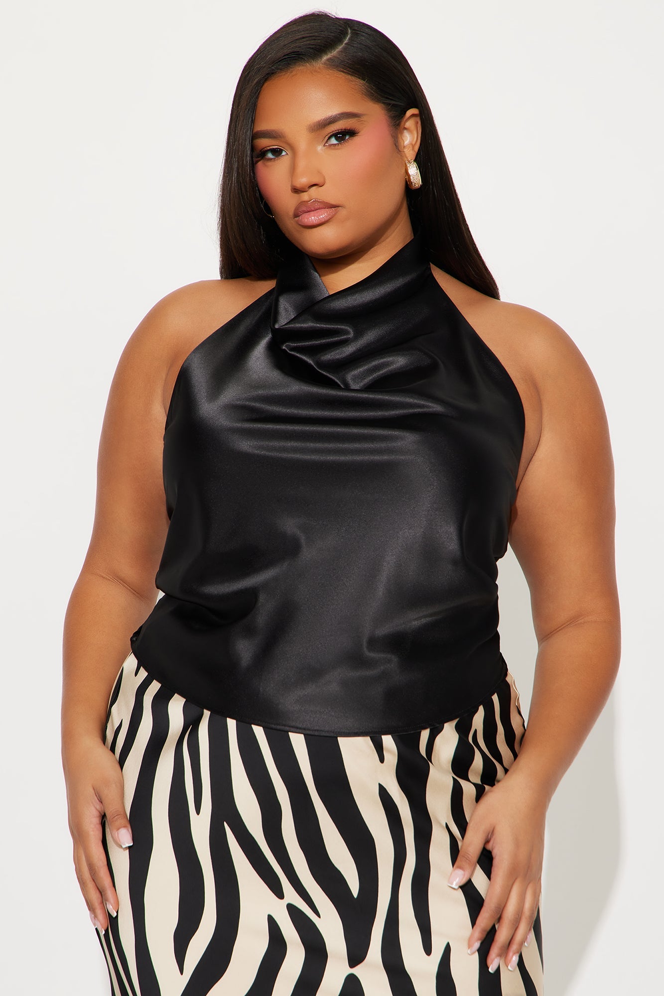 Sara Satin Cowl Neck Halter Top - Black