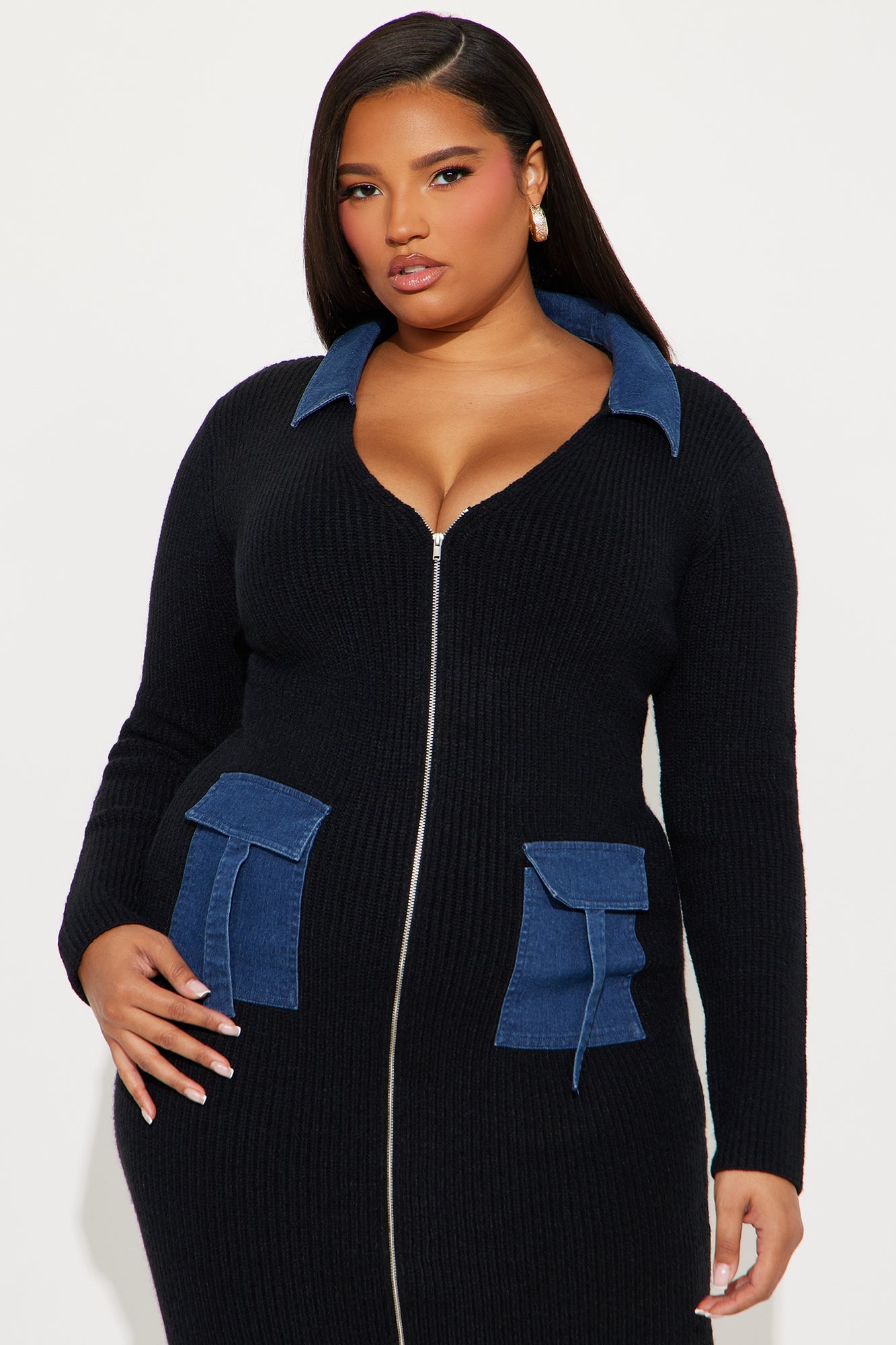 Mixed Feelings Denim Sweater Midi Dress - Black/combo
