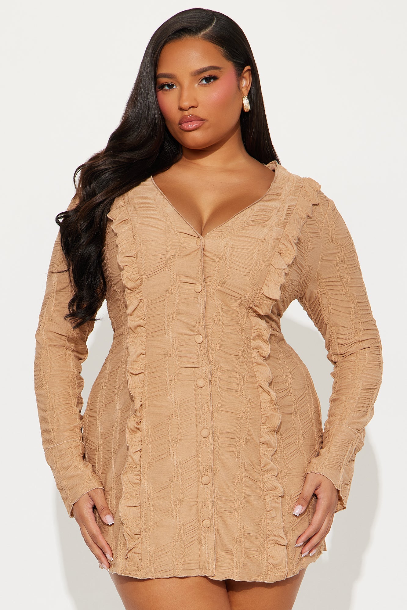 Kalise Long Sleeve Textured Mini Dress - Taupe