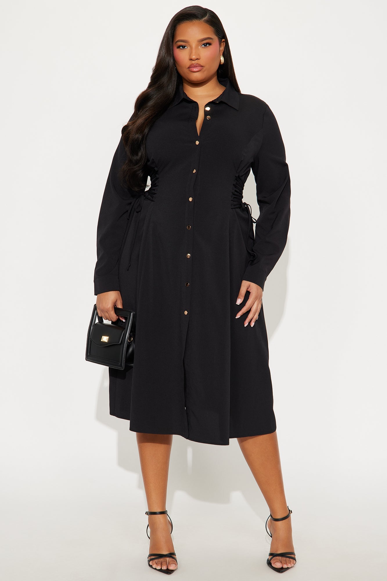 Josephine Collar Long Sleeve Midi Dress - Black