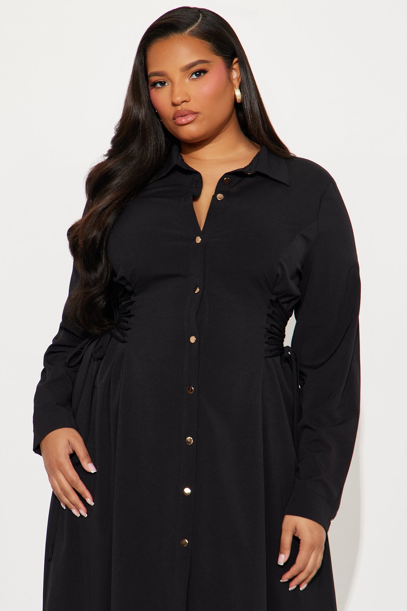 Josephine Collar Long Sleeve Midi Dress - Black