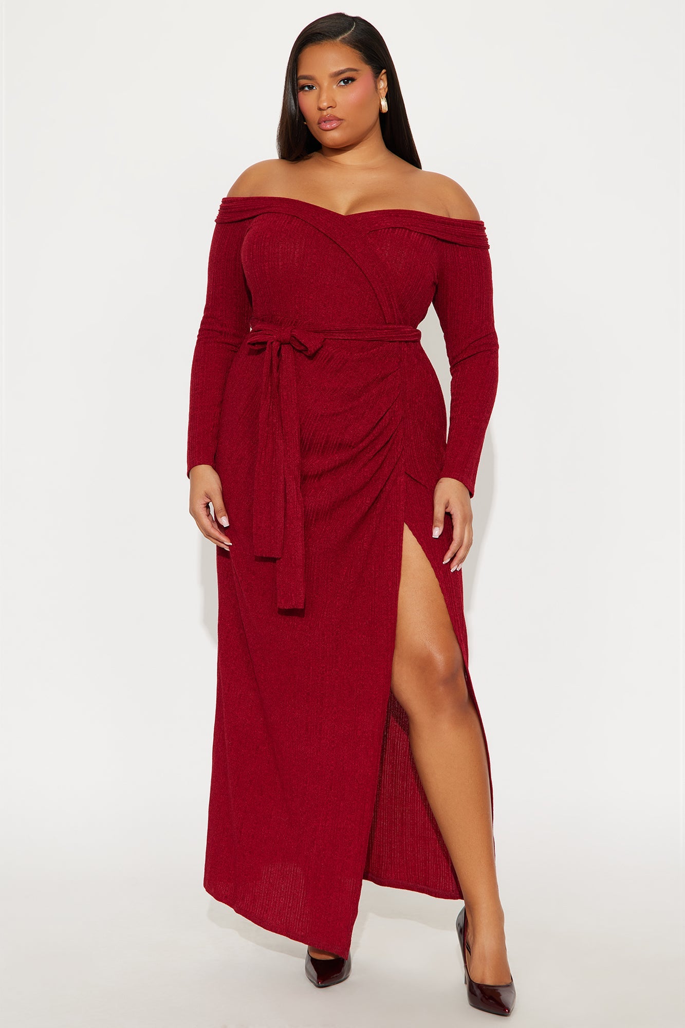 Selene Off Shoulder Sweater Maxi Dress - Burgundy