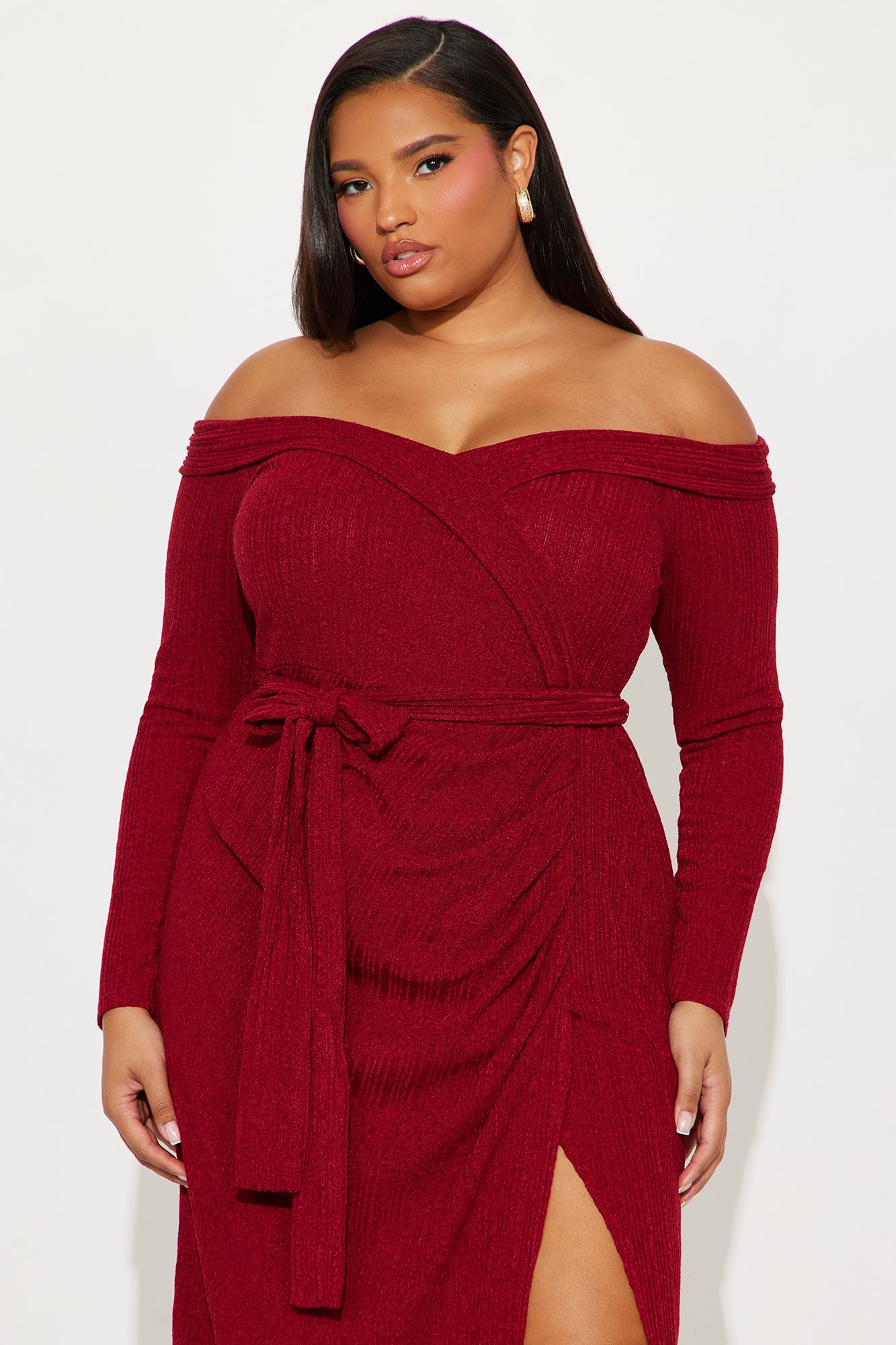 Selene Off Shoulder Sweater Maxi Dress - Burgundy