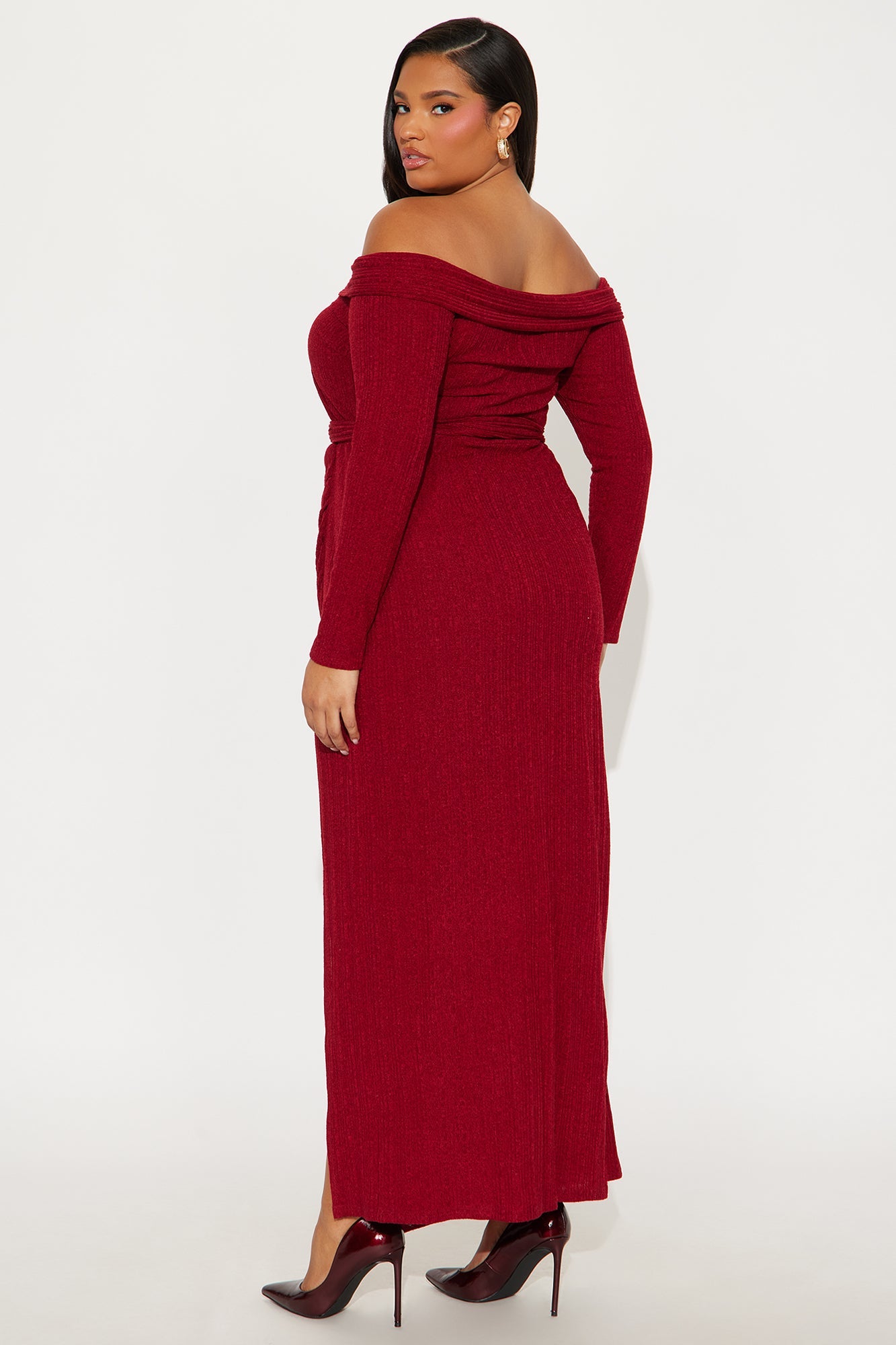 Selene Off Shoulder Sweater Maxi Dress - Burgundy