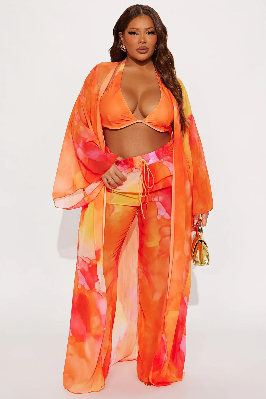 Moana 4 Piece Bikini Kimono & Pants Set - Orange/combo 