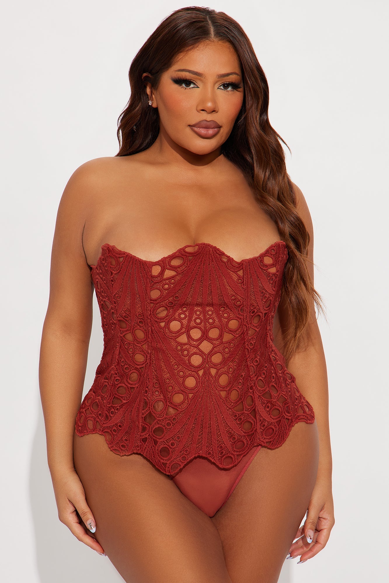 Rebecca Embroidered Mesh 2 Piece Corset Set - Wine