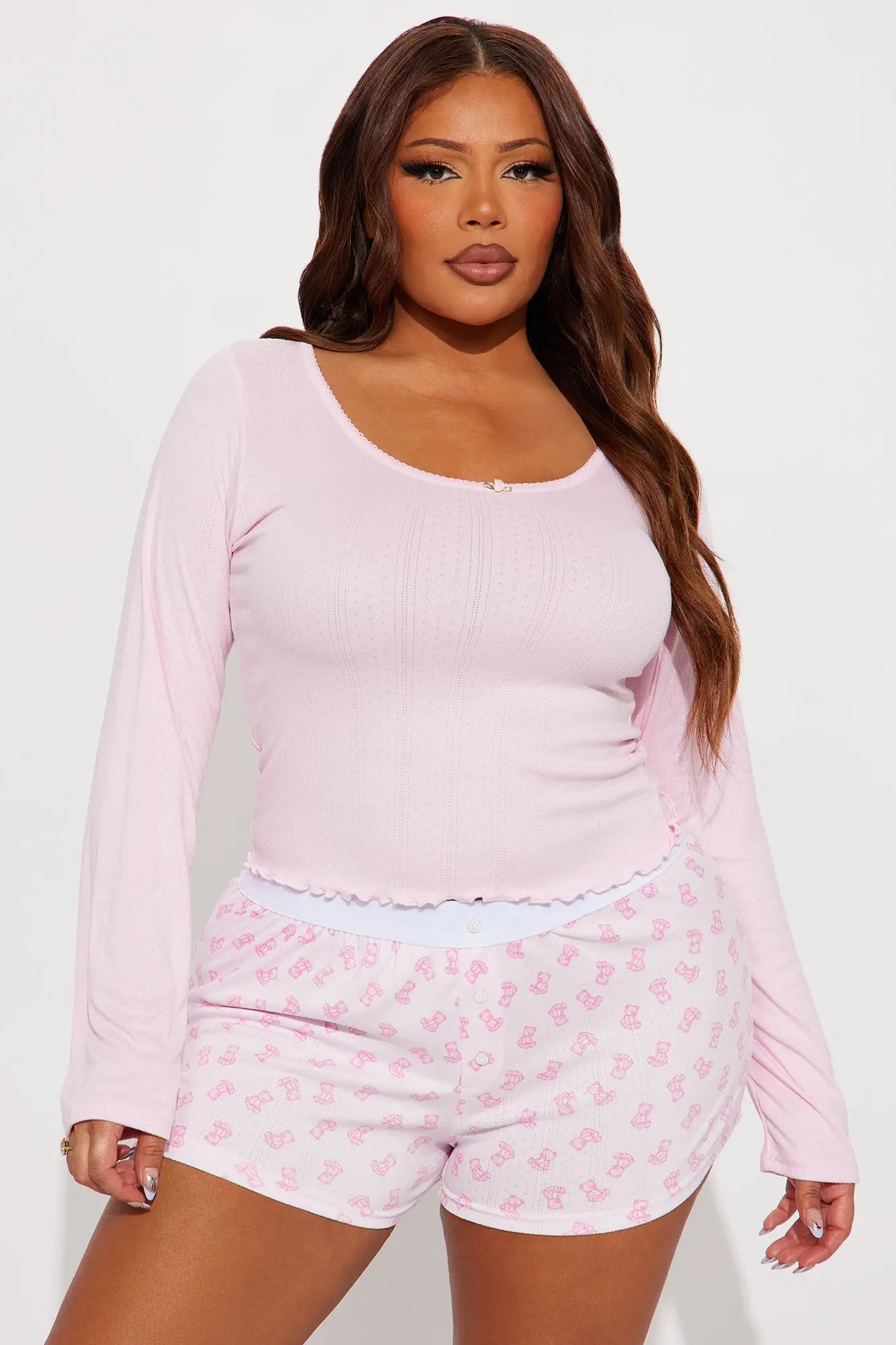 Bear Cutie Pointelle PJ Boxer Short Set - Pink 