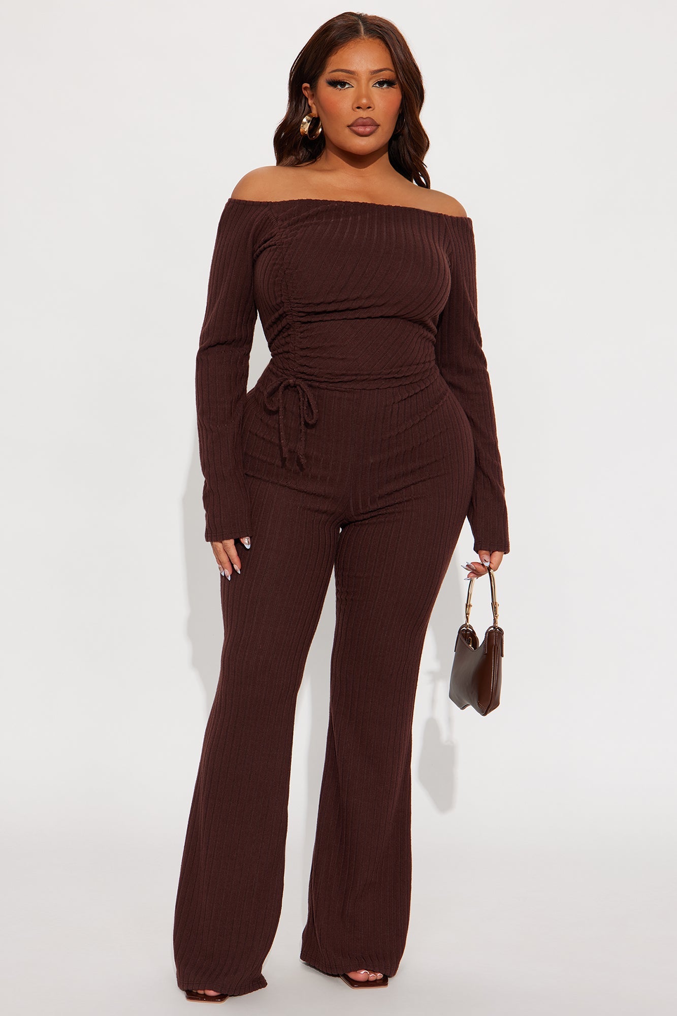 All Access Off Shoulder Flare Leg Jumpsuit - Chocolate