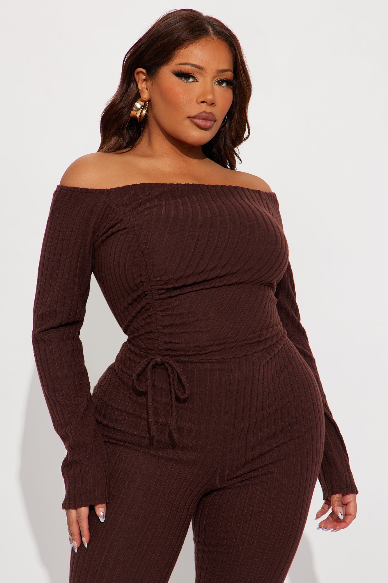 All Access Off Shoulder Flare Leg Jumpsuit - Chocolate