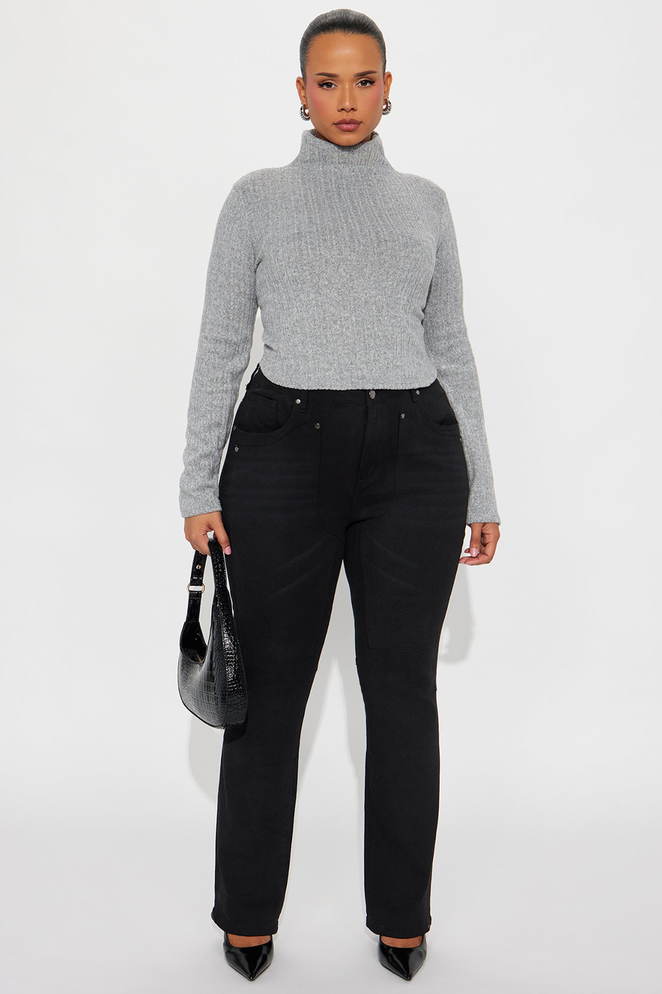 Rhiannon Ribbed Mock Neck Top - Heather Grey