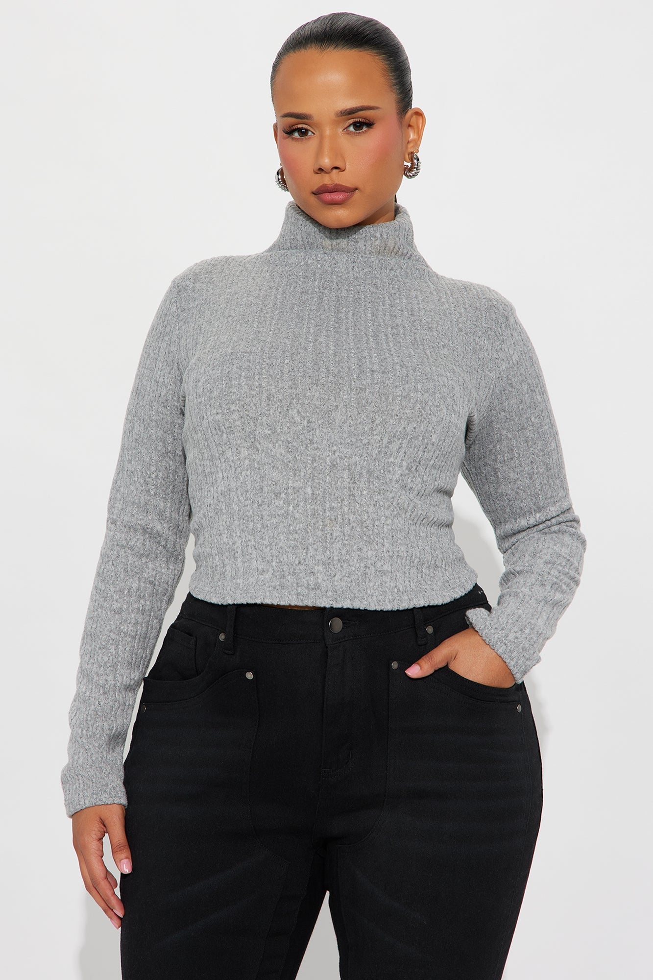 Rhiannon Ribbed Mock Neck Top - Heather Grey