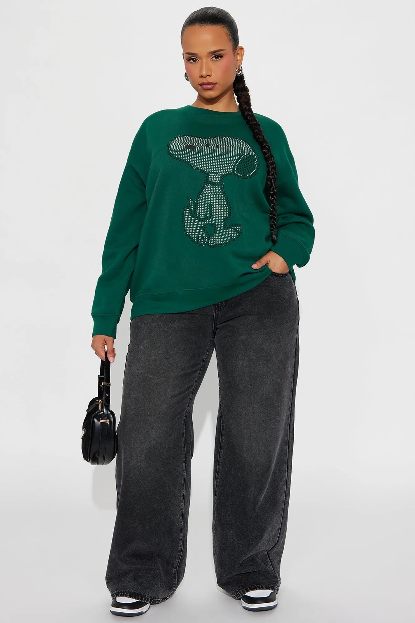 Snoopy Rhinestone Crew Neck Sweatshirt - Green 