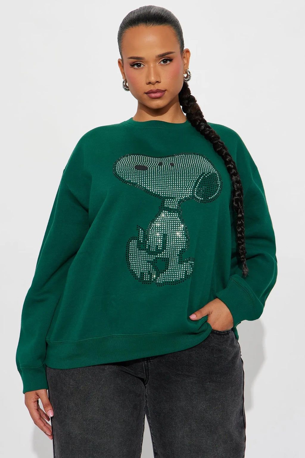 Snoopy Rhinestone Crew Neck Sweatshirt - Green 