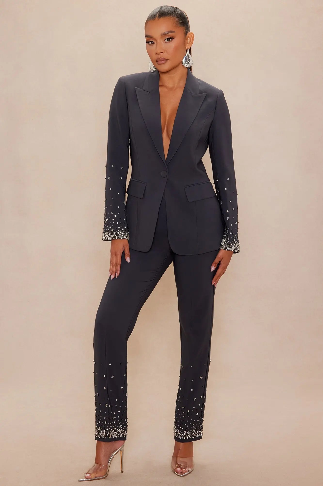 Zephyra Embellished Suit Set - Charcoal 