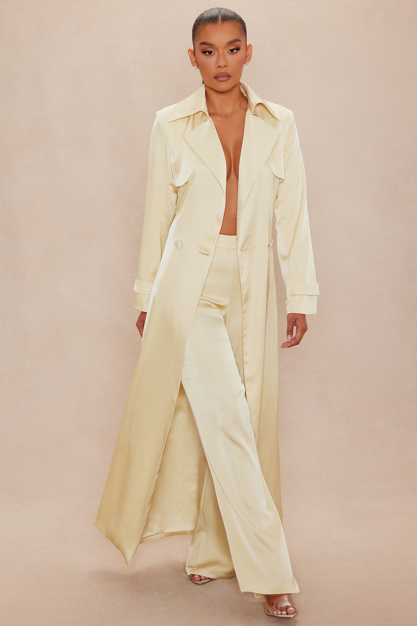 Gabriella Satin Trench Coat And Pant Set - Butter Yellow