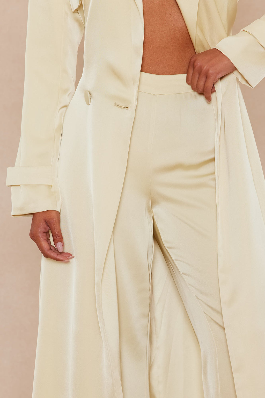 Gabriella Satin Trench Coat And Pant Set - Butter Yellow