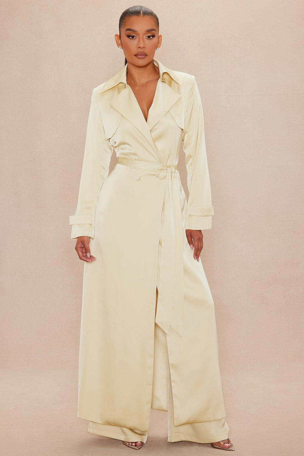 Gabriella Satin Trench Coat And Pant Set - Butter Yellow