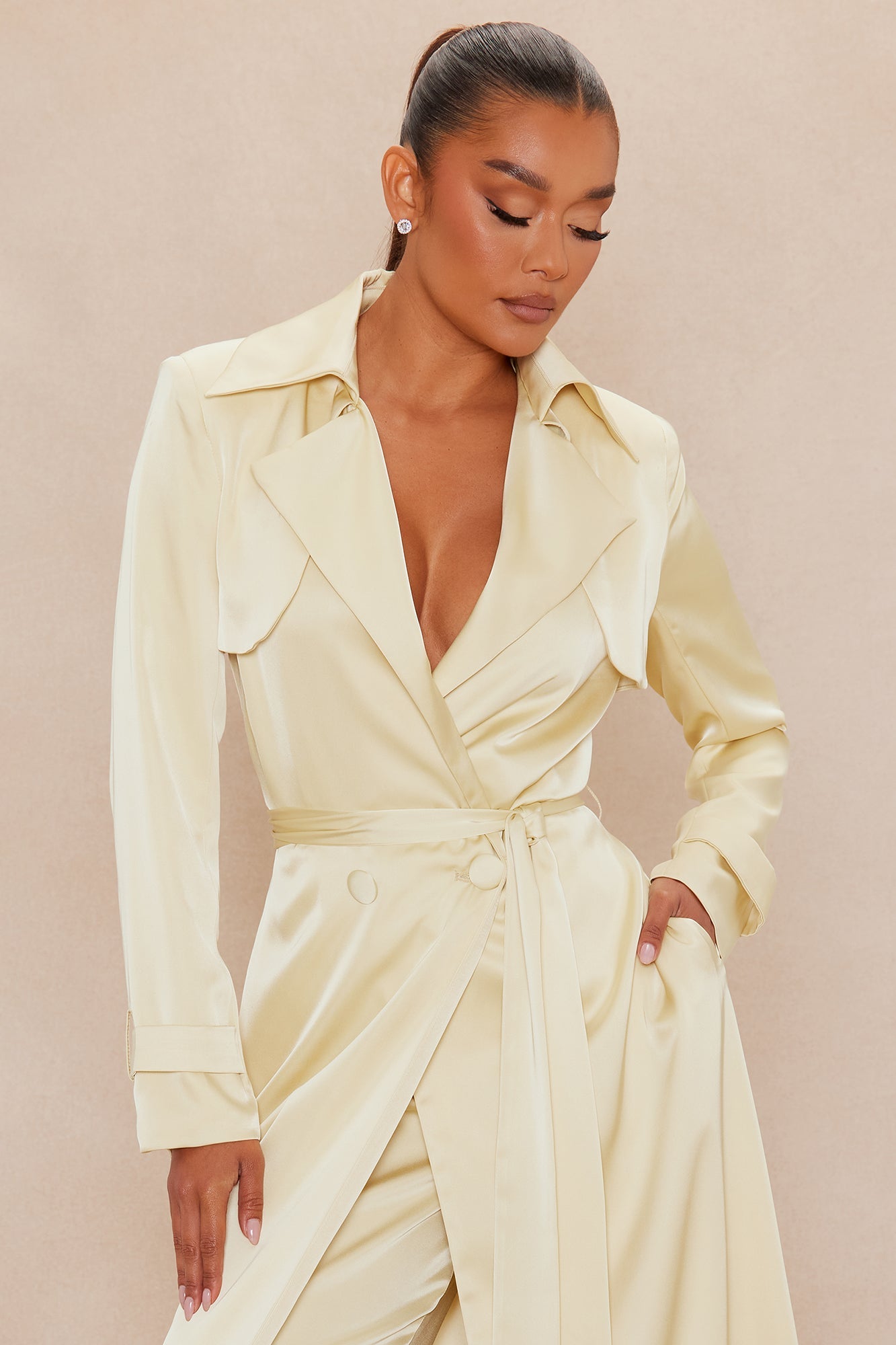 Gabriella Satin Trench Coat And Pant Set - Butter Yellow