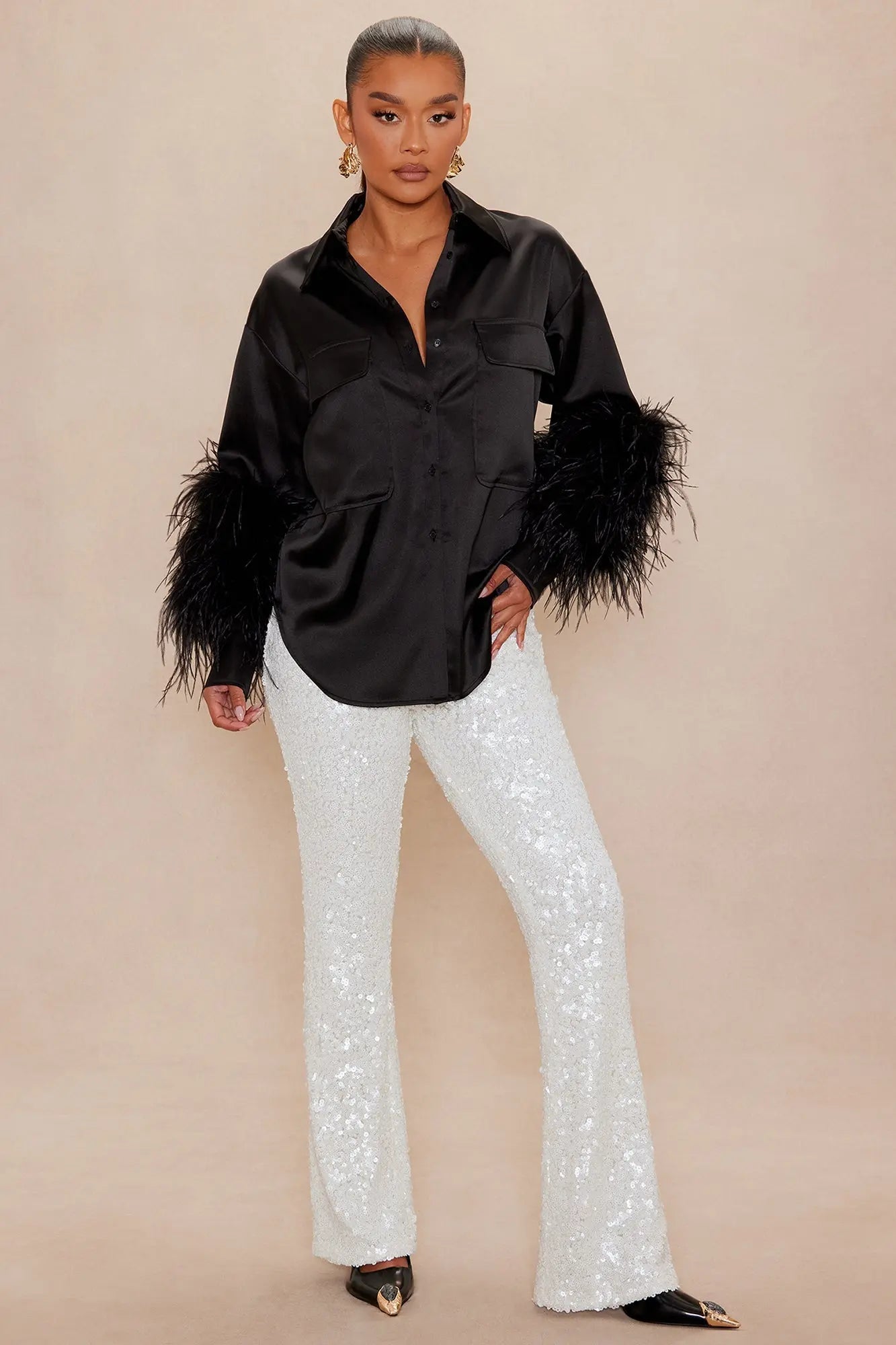 Anna Satin Feather Shirt - Black 