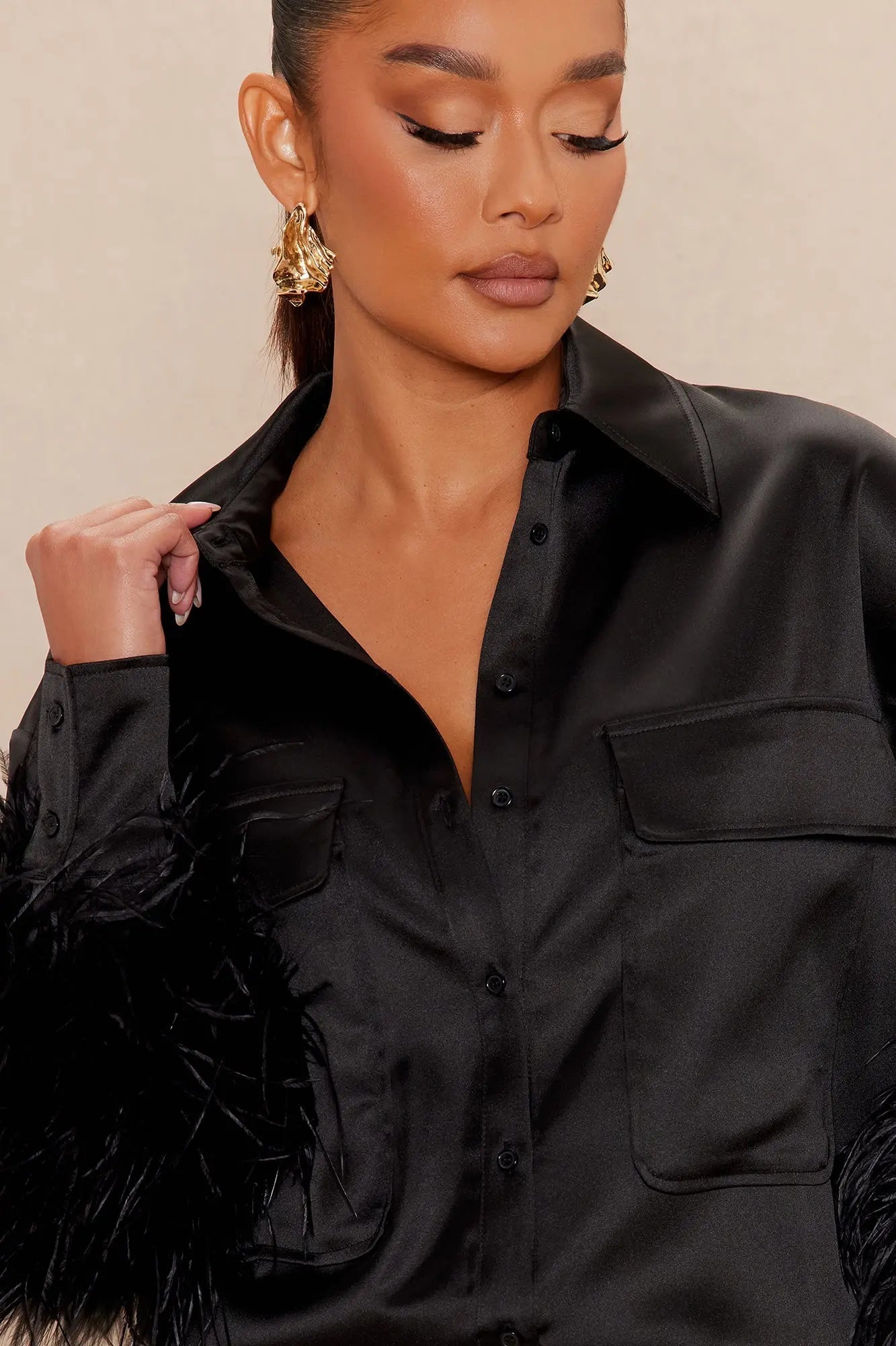Anna Satin Feather Shirt - Black 