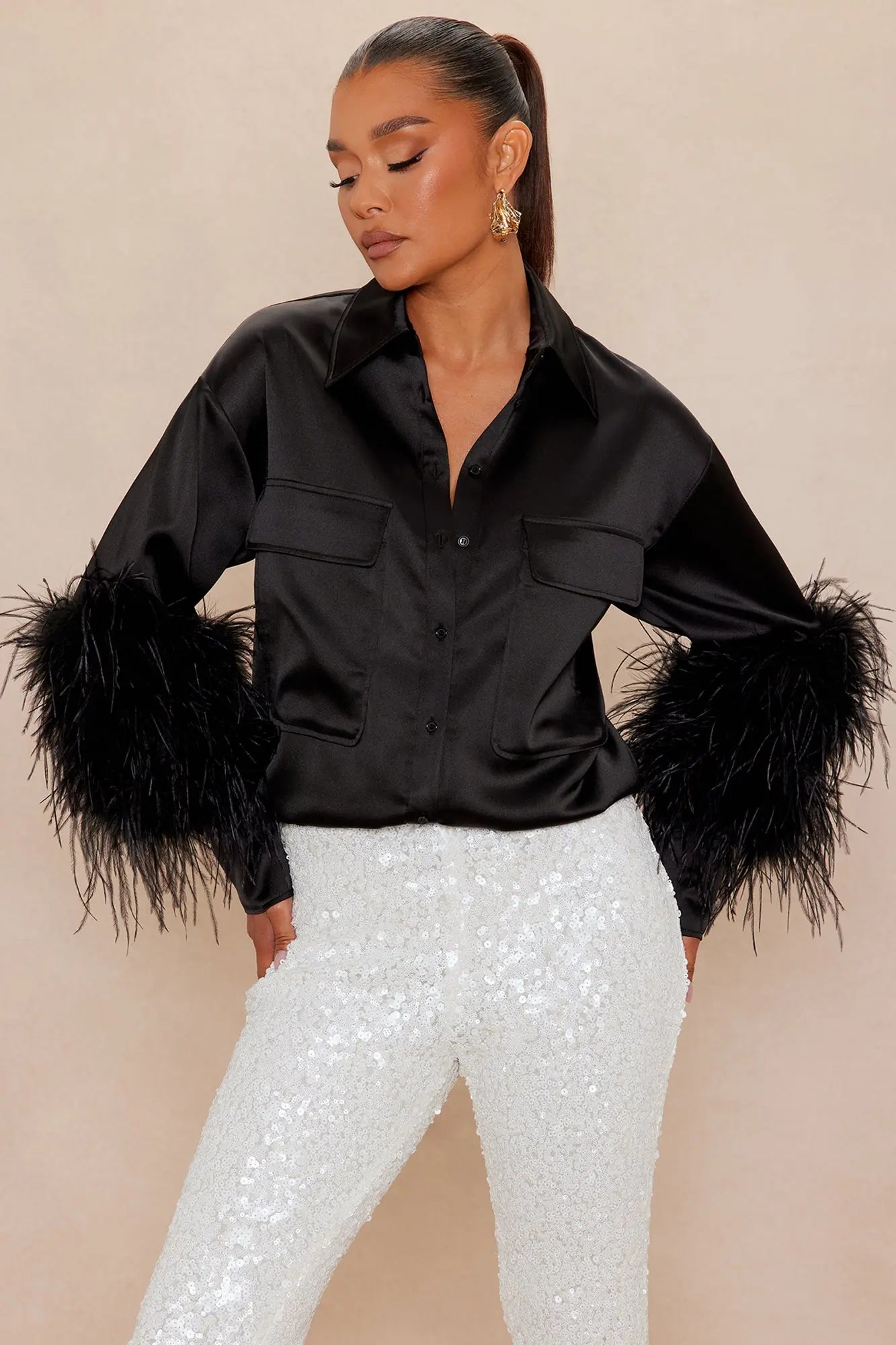 Anna Satin Feather Shirt - Black 