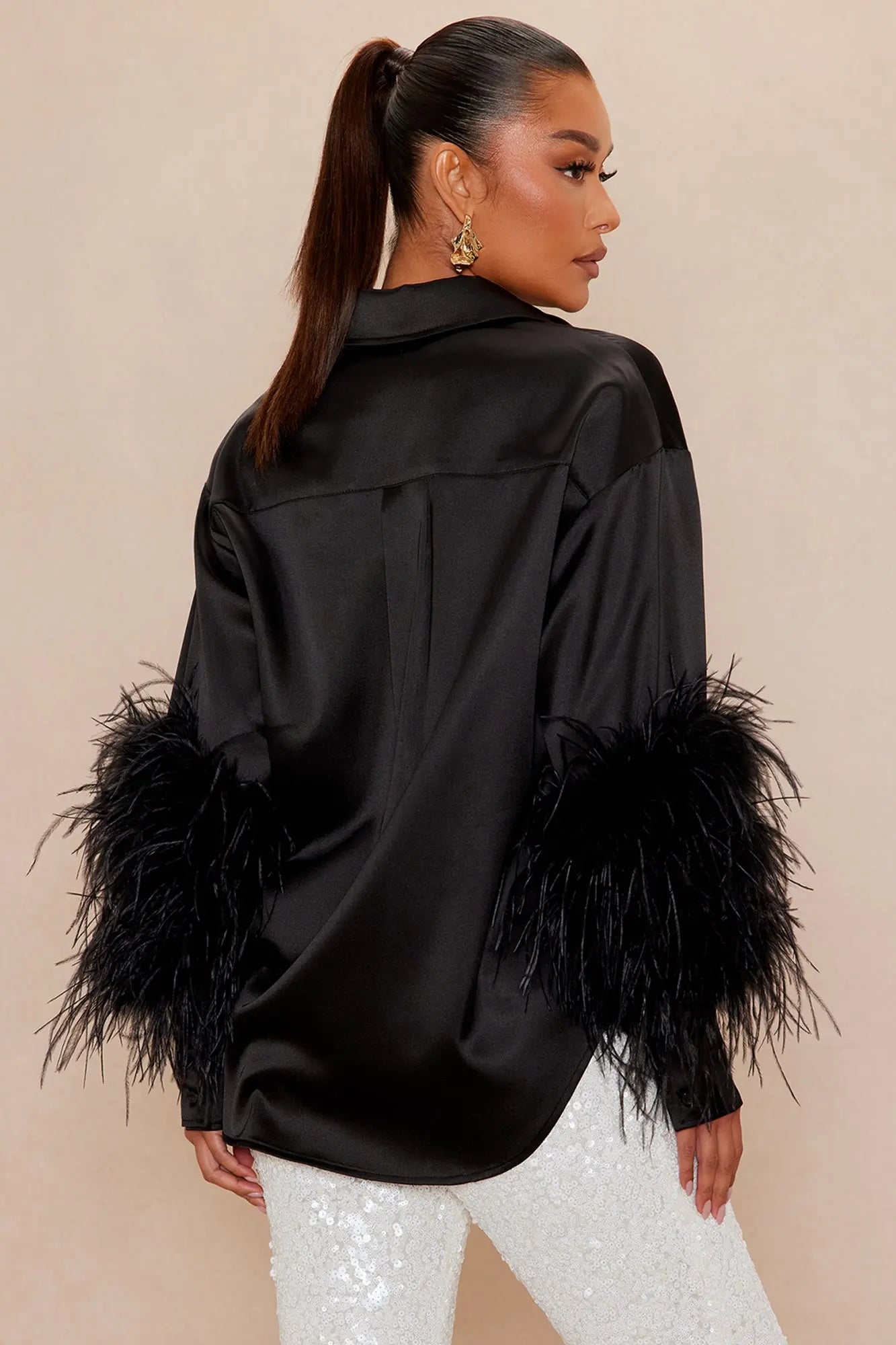 Anna Satin Feather Shirt - Black 