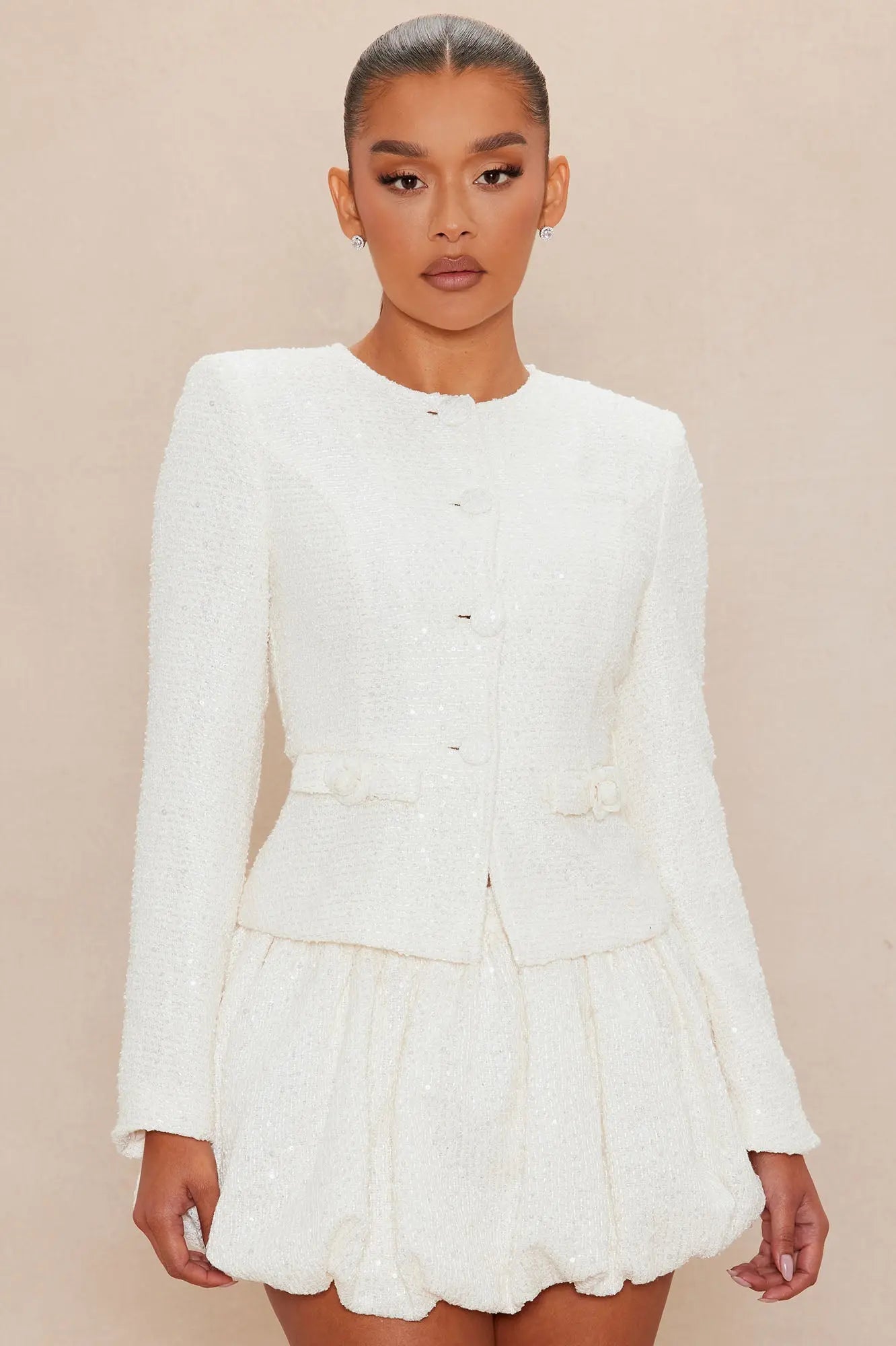 Monica Embellished Tweed Skirt Set - Cream 