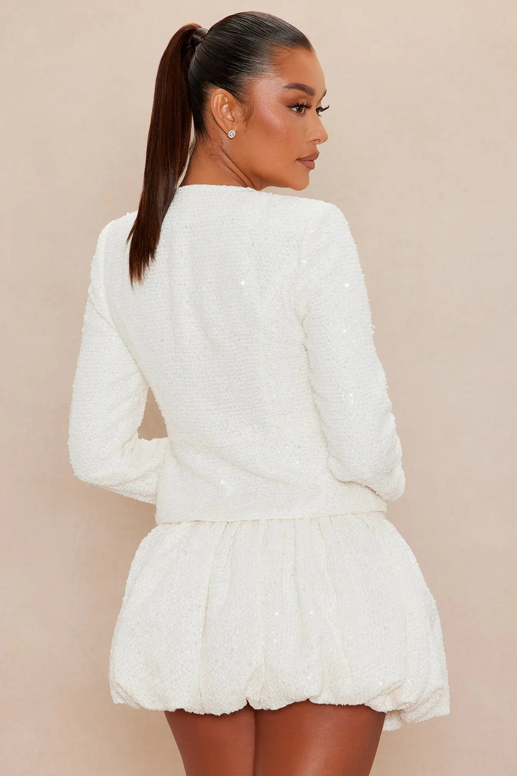 Monica Embellished Tweed Skirt Set - Cream 