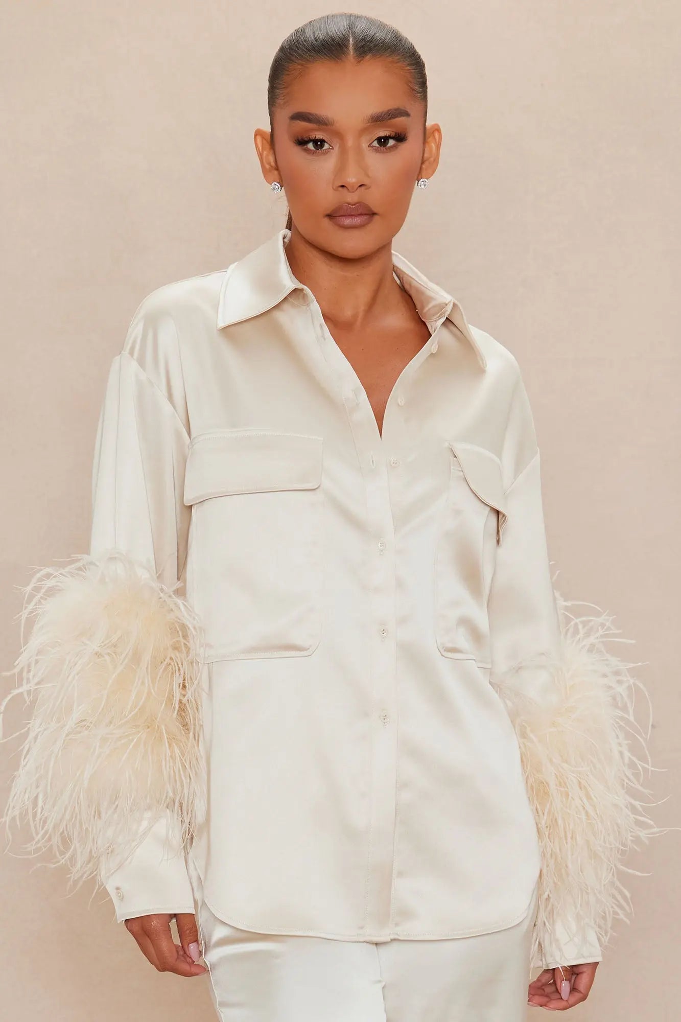 Anna Satin Feather Shirt - Champagne 