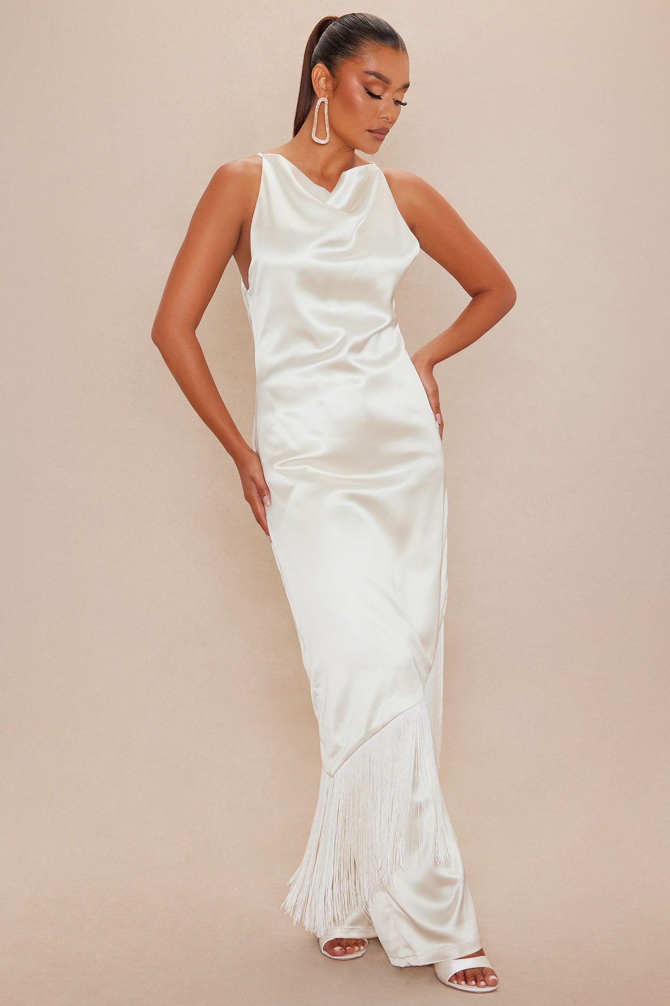 Ceile Fringe Satin Pant Set - Cream 