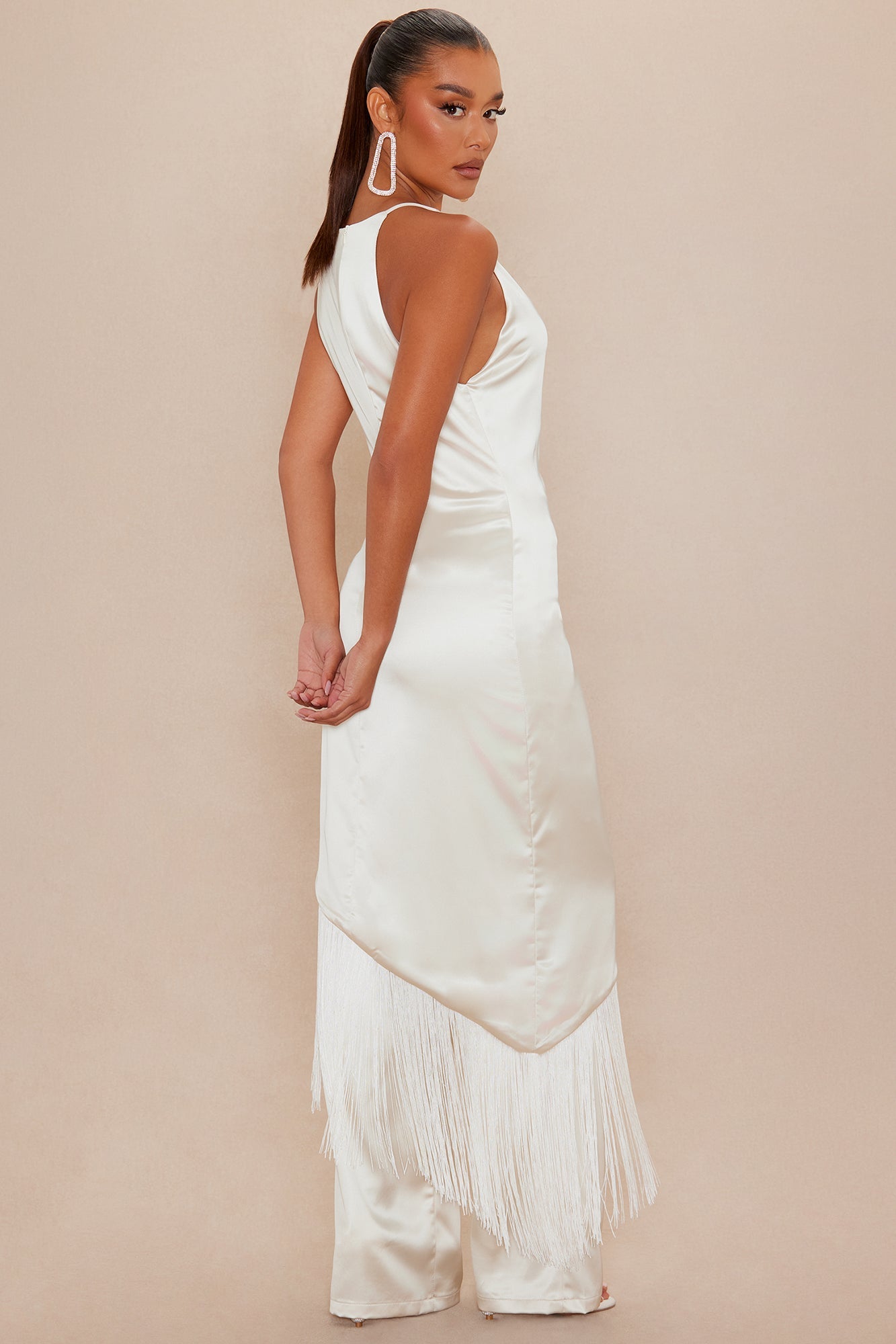 Ceile Fringe Satin Pant Set - Cream 