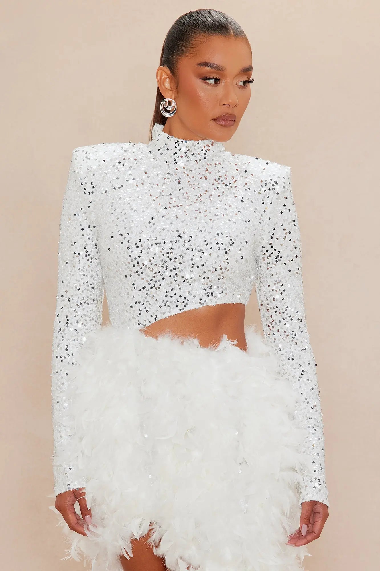 Blaire Asymmetrical Feather Sequin Micro Mini Dress - White 