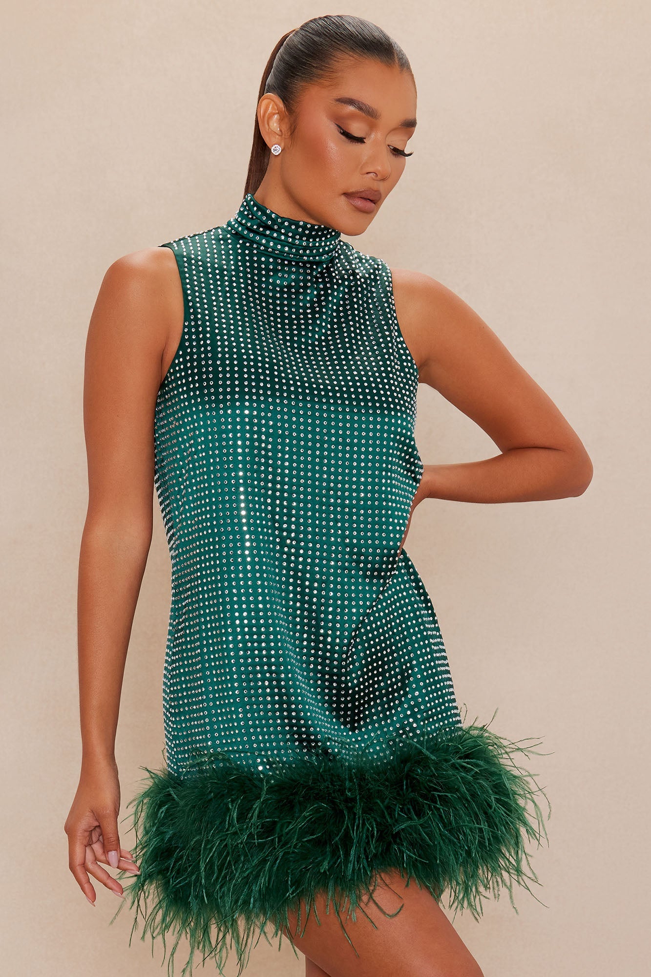 Juno Rhinestone Feather Mini Dress - Hunter 