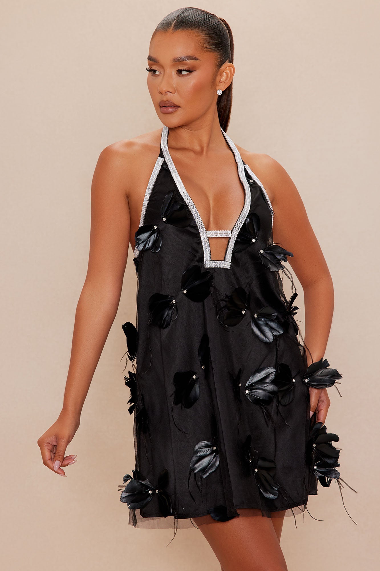Maribelle Feathered Mini Dress - Black 