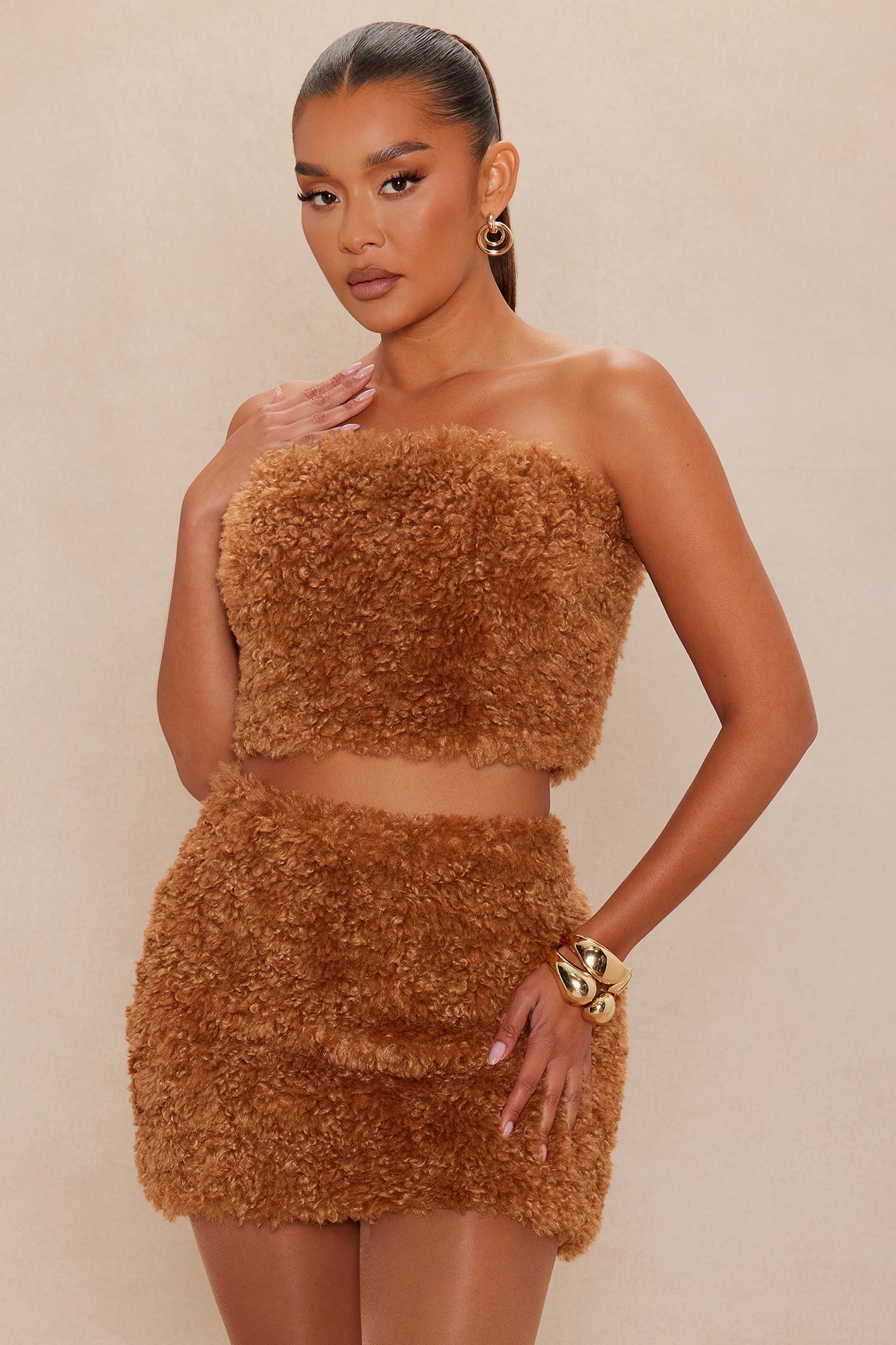 Arden Sherpa Fur Mini Skirt Set - Camel 