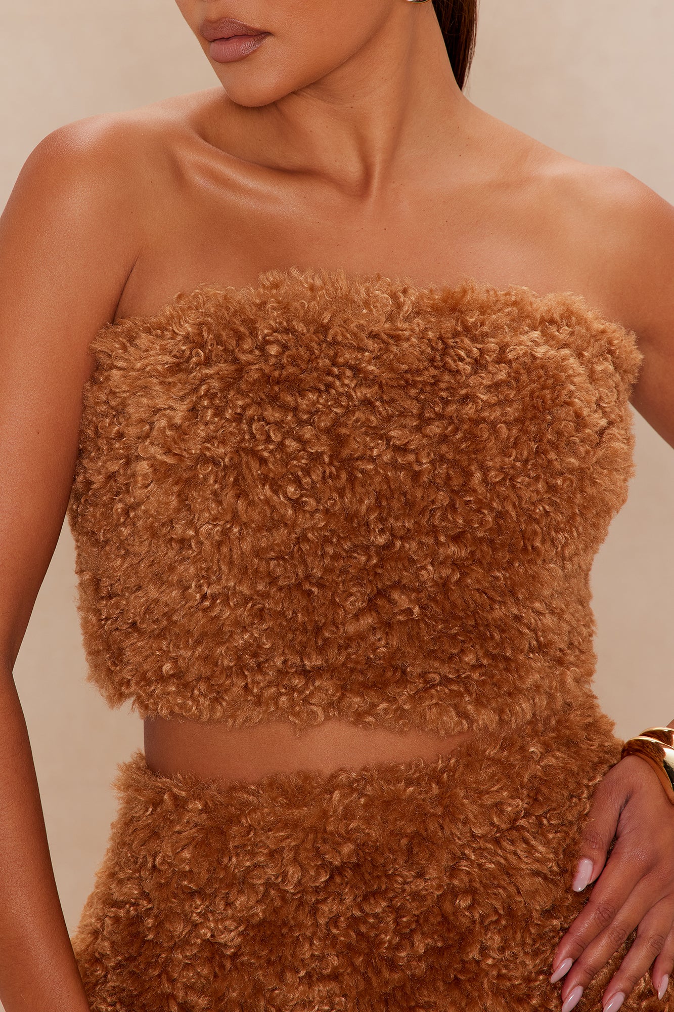 Arden Sherpa Fur Mini Skirt Set - Camel 