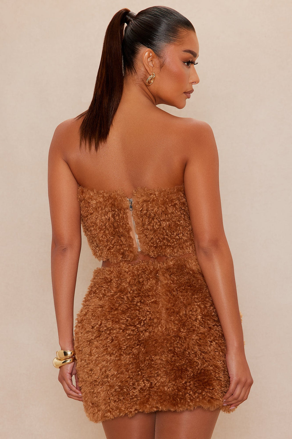 Arden Sherpa Fur Mini Skirt Set - Camel 