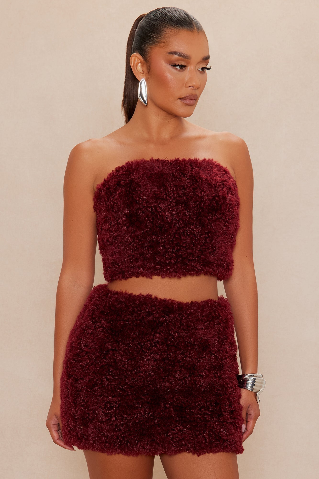 Arden Sherpa Fur Mini Skirt Set - Burgundy 