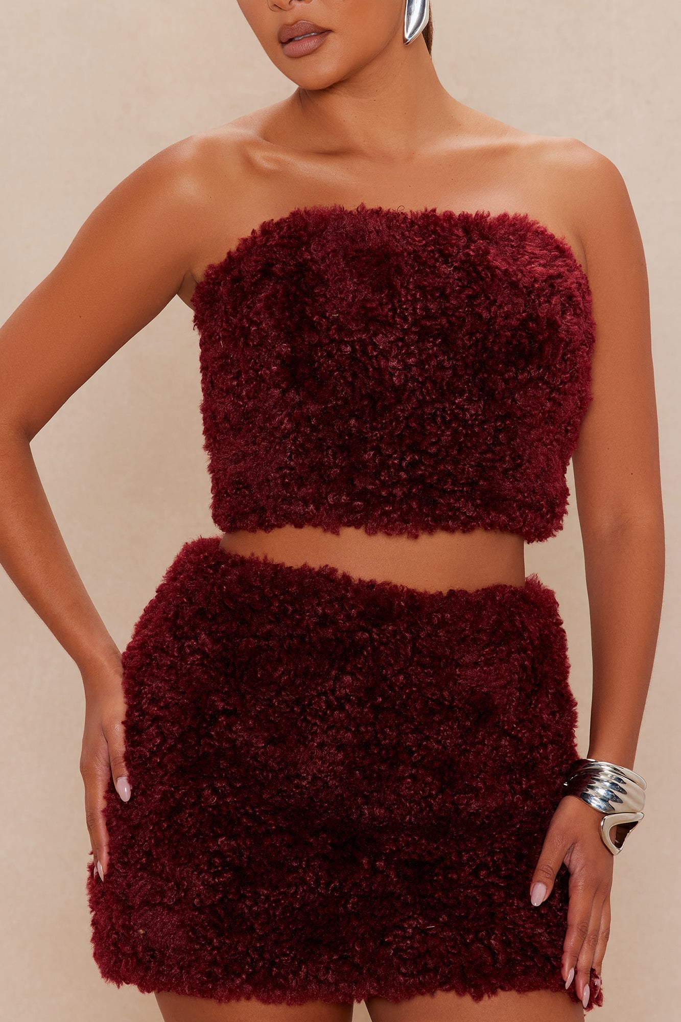 Arden Sherpa Fur Mini Skirt Set - Burgundy 