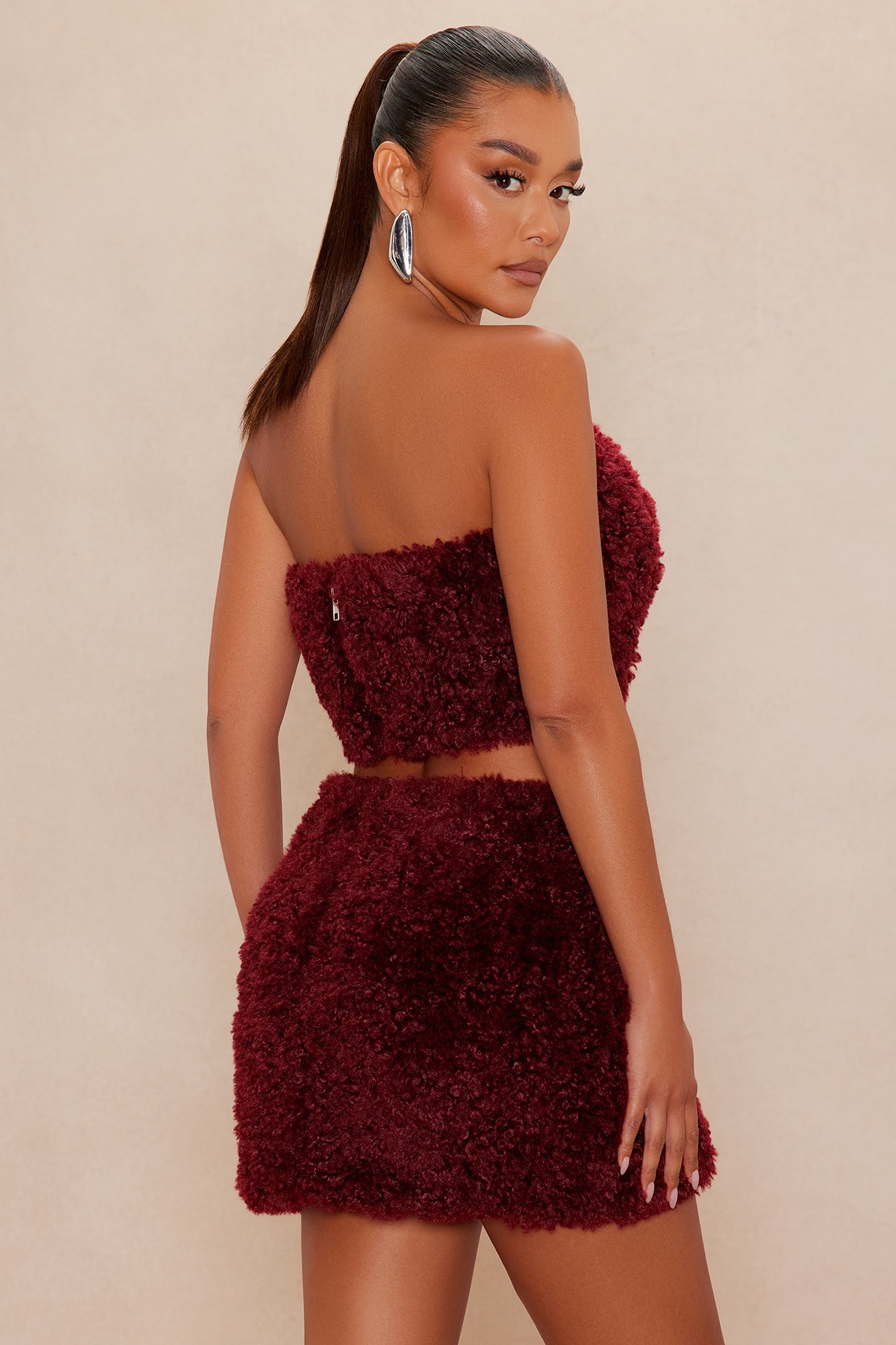 Arden Sherpa Fur Mini Skirt Set - Burgundy 