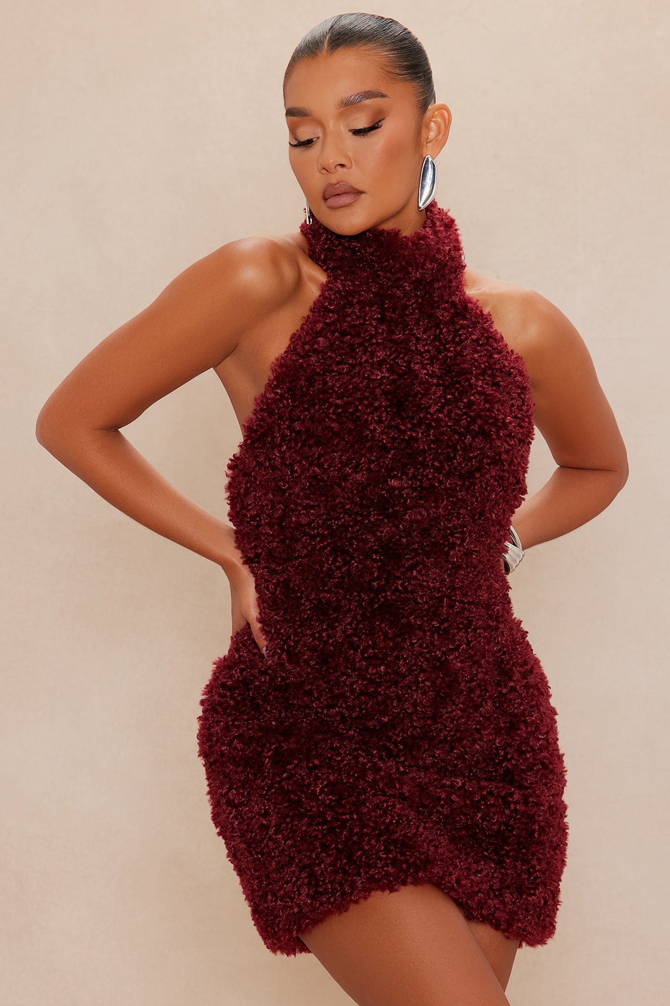Arden Sherpa Fur Halter Mini Dress - Burgundy 