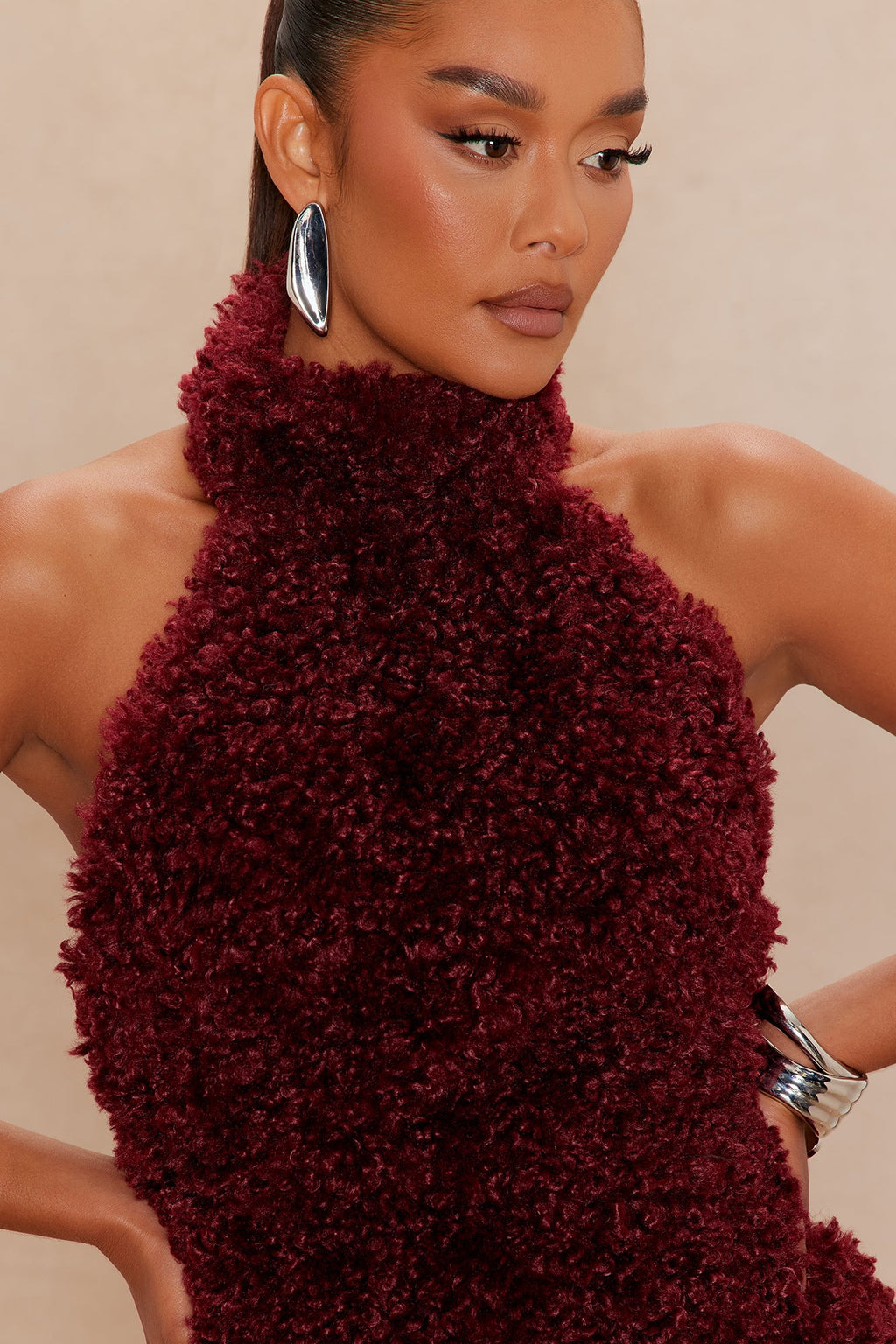 Arden Sherpa Fur Halter Mini Dress - Burgundy 