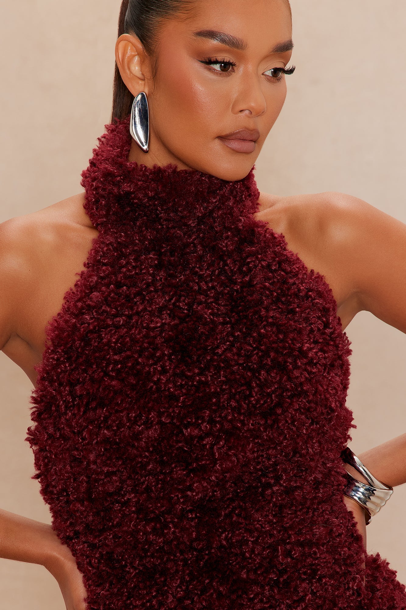 Arden Sherpa Fur Halter Mini Dress - Burgundy 