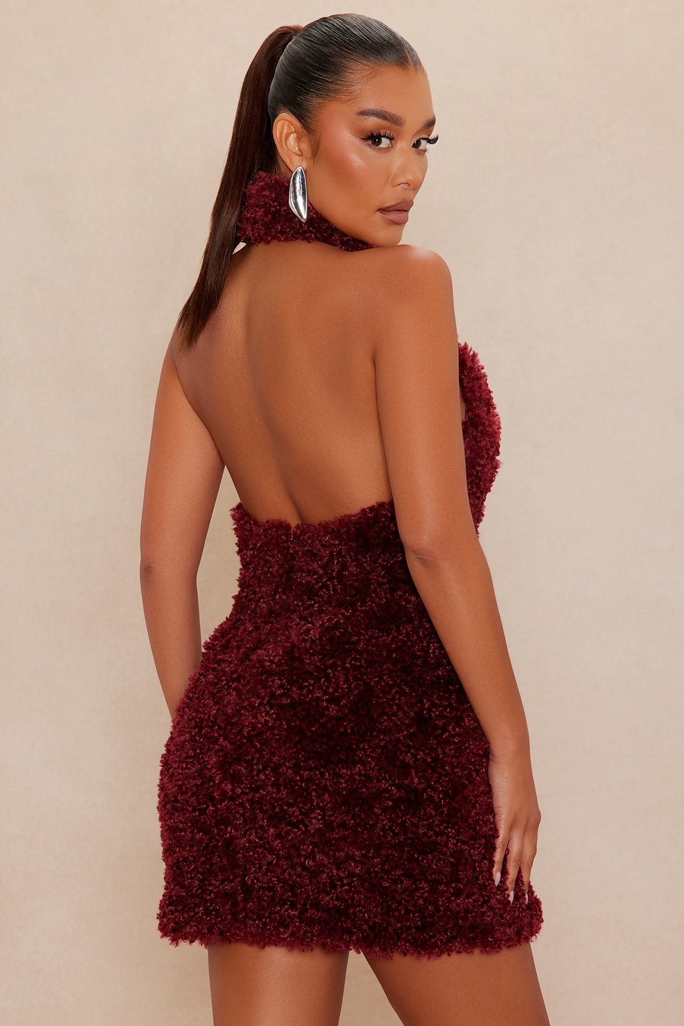 Arden Sherpa Fur Halter Mini Dress - Burgundy 