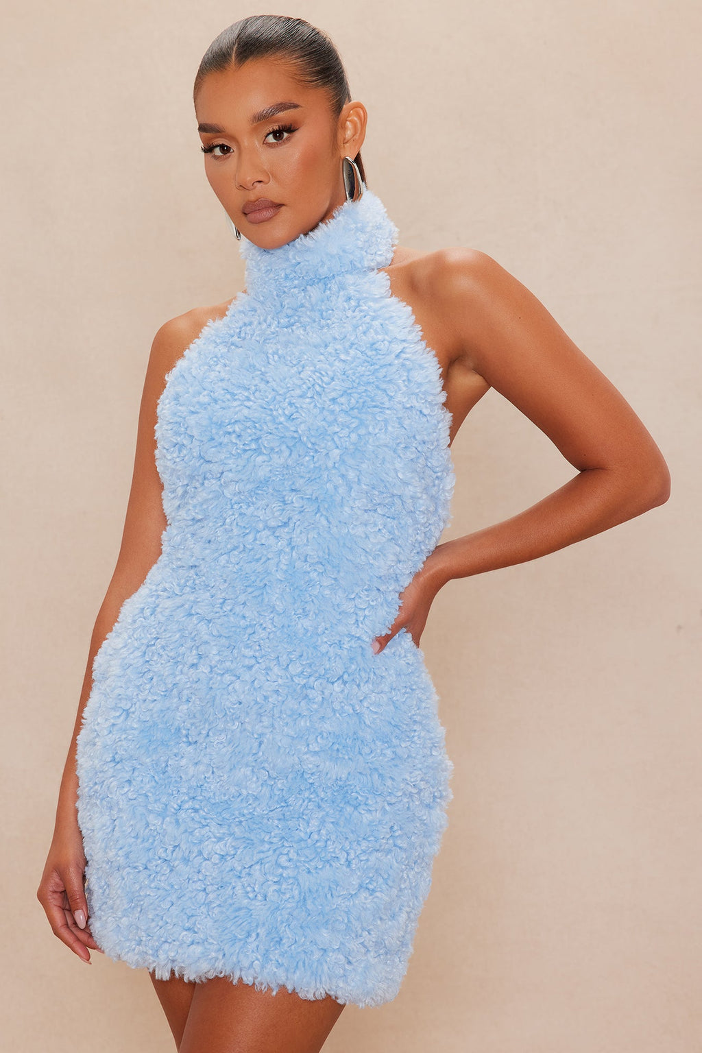 Arden Sherpa Fur Halter Mini Dress - Light Blue 