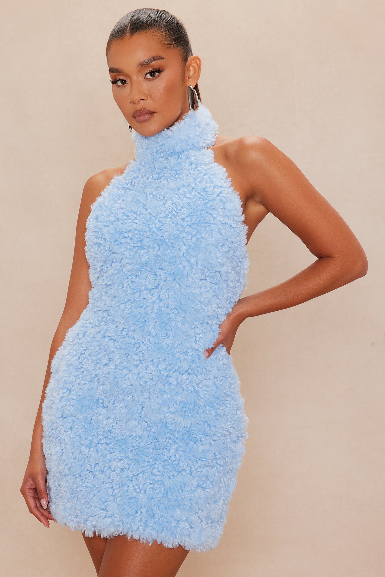 Arden Sherpa Fur Halter Mini Dress - Light Blue 