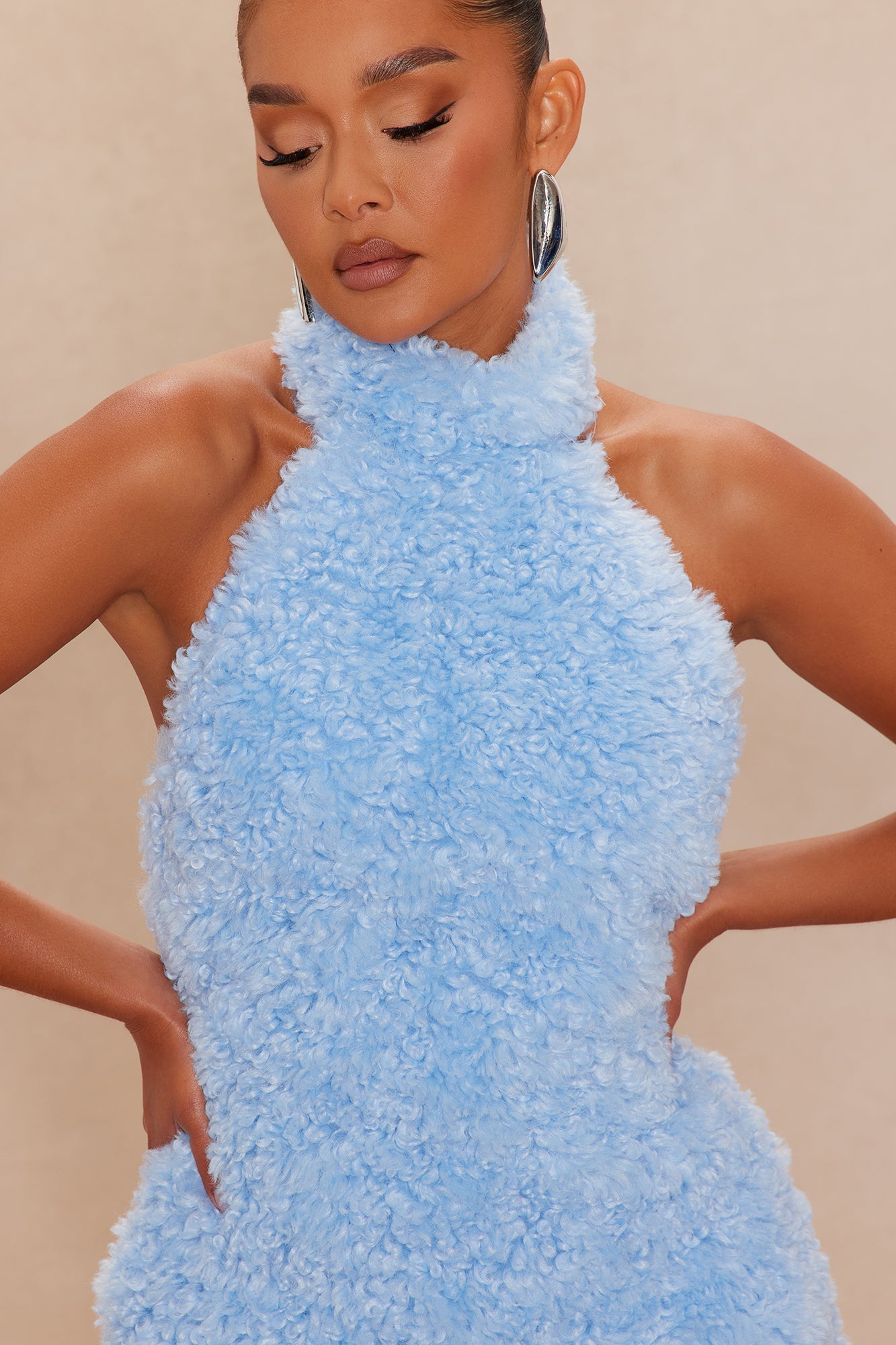 Arden Sherpa Fur Halter Mini Dress - Light Blue 